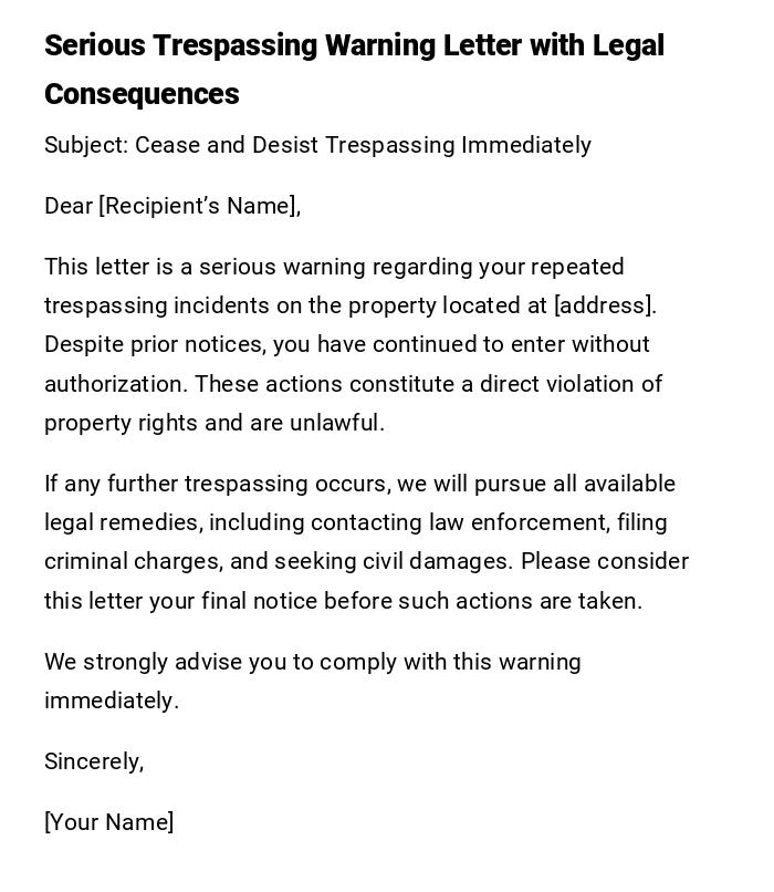 Serious Trespassing Warning Letter with Legal Consequences Serious Trespassing Warning Letter with Legal Consequences