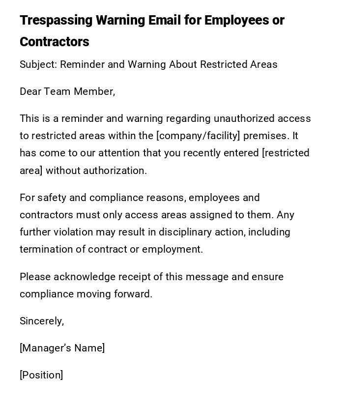 Trespassing Warning Email for Employees or Contractors Trespassing Warning Email for Employees or Contractors