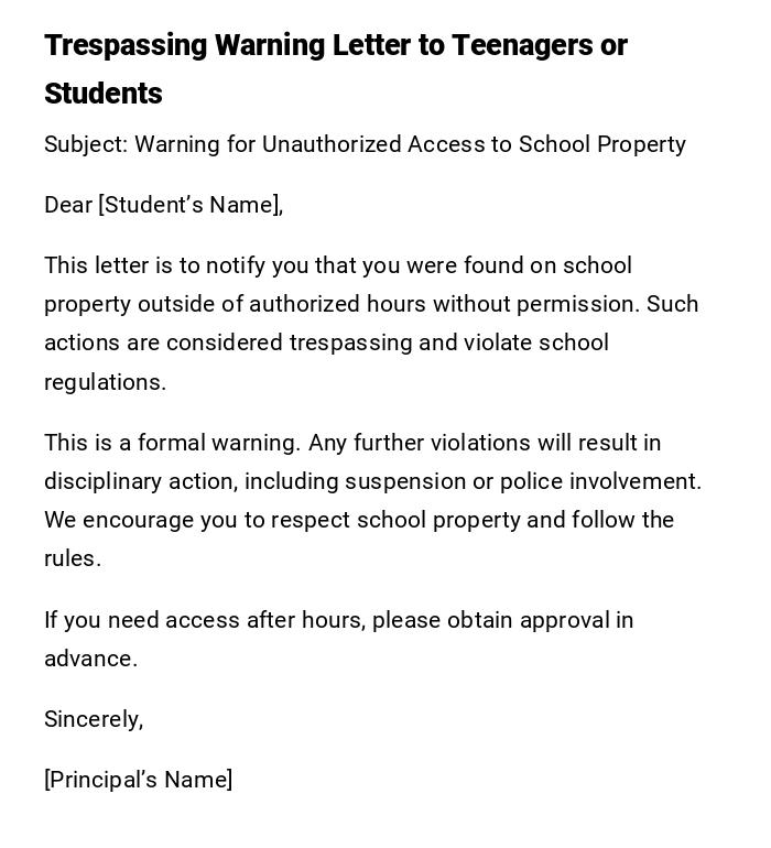 Trespassing Warning Letter to Teenagers or Students Trespassing Warning Letter to Teenagers or Students