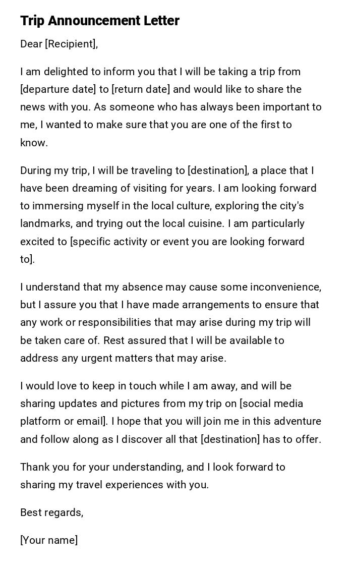 Trip Announcement Letter