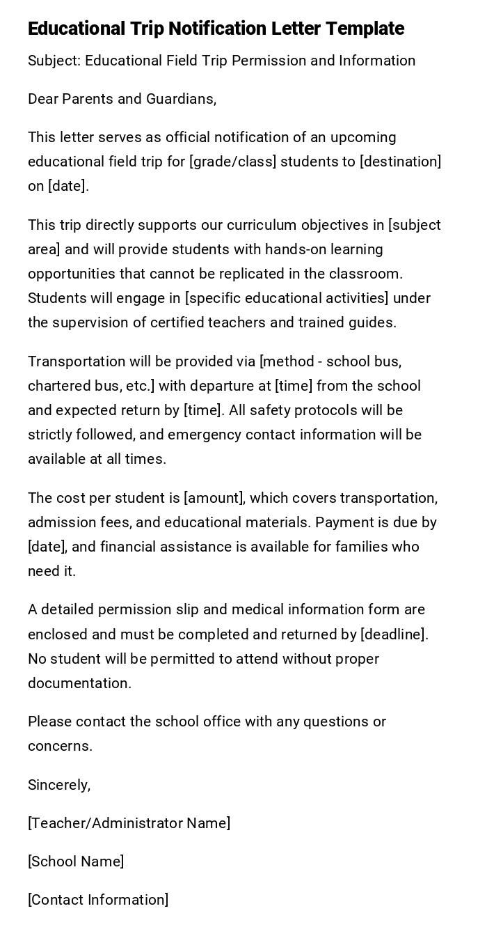 Educational Trip Notification Letter Template Educational Trip Notification Letter Template