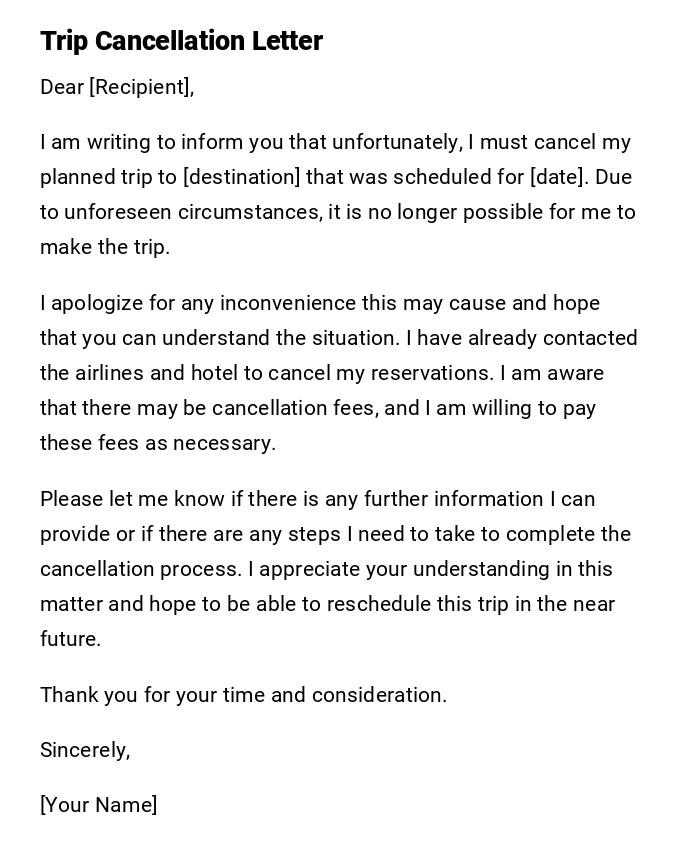 Trip Cancellation Letter Trip Cancellation Letter