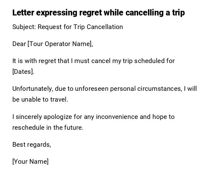 Letter expressing regret while cancelling a trip Letter expressing regret while cancelling a trip