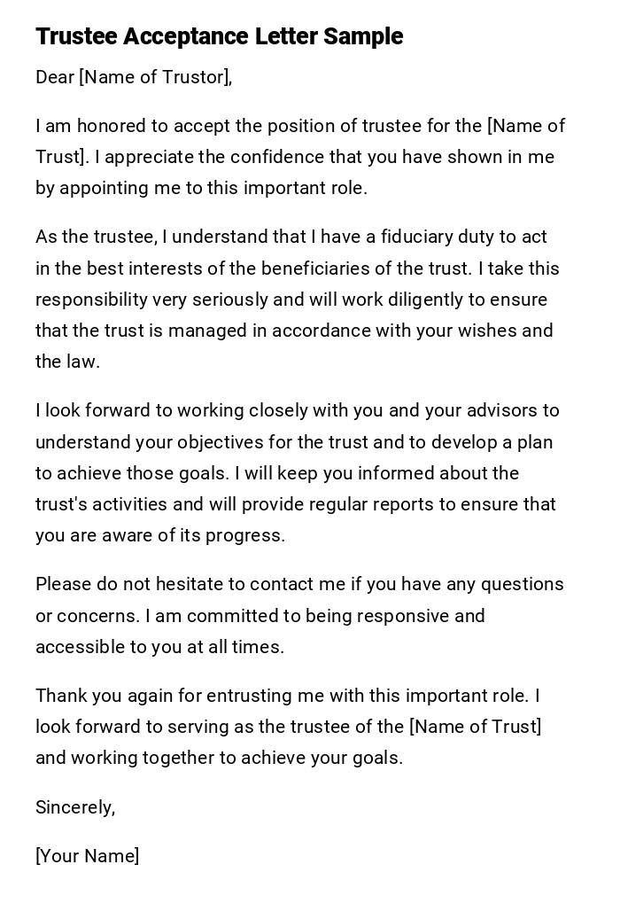 Trustee Acceptance Letter Sample