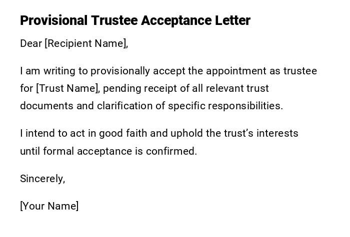 Provisional Trustee Acceptance Letter Provisional Trustee Acceptance Letter