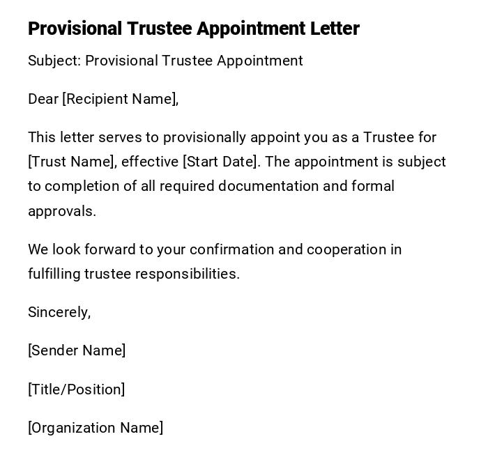 Provisional Trustee Appointment Letter Provisional Trustee Appointment Letter