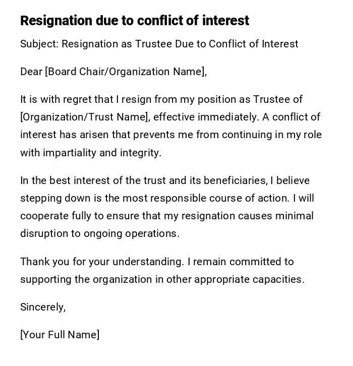 Resignation due to conflict of interest
