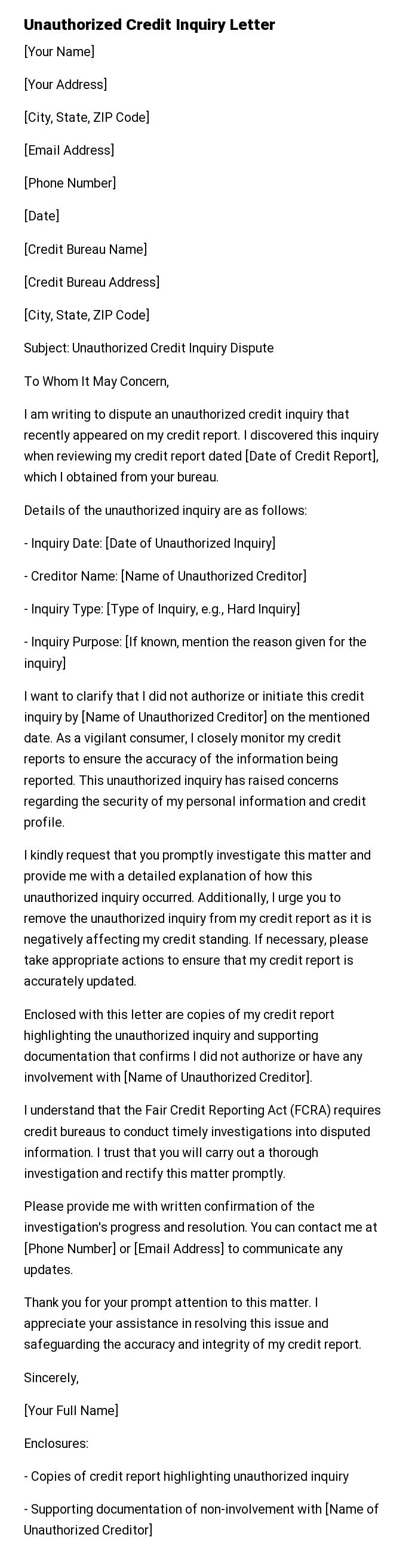 Unauthorized Credit Inquiry Letter