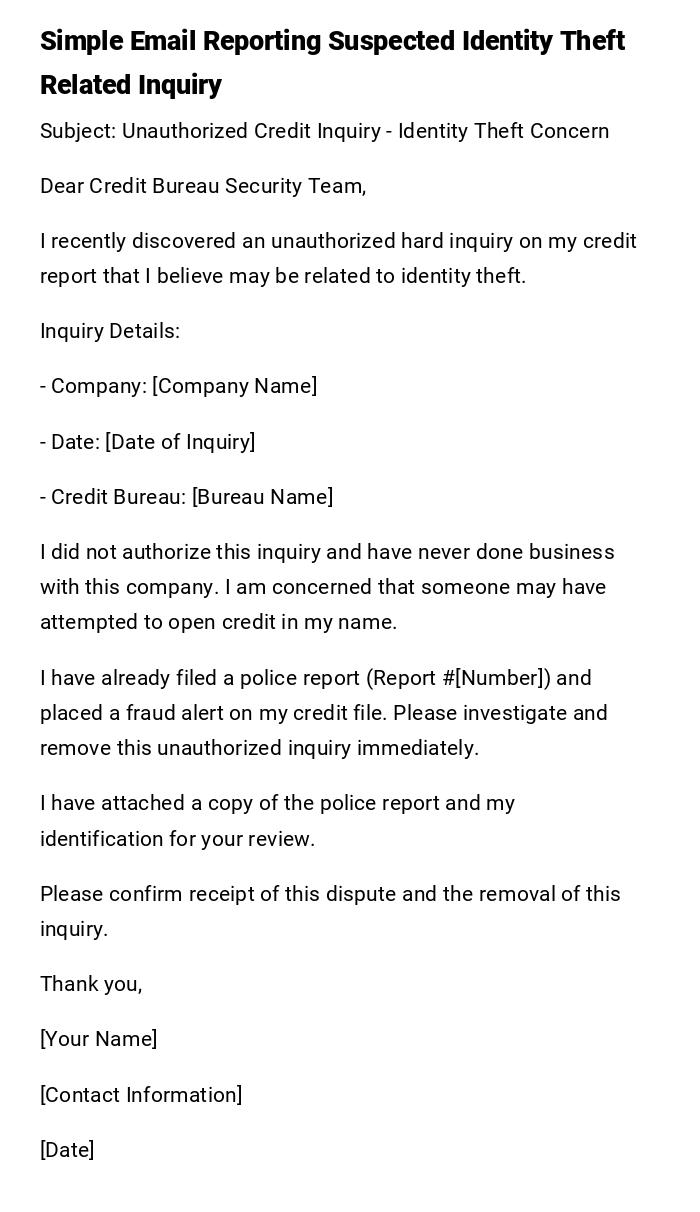 Simple Email Reporting Suspected Identity Theft Related Inquiry Simple Email Reporting Suspected Identity Theft Related Inquiry
