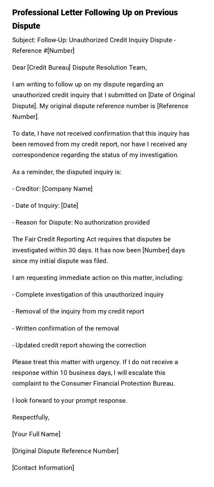 Professional Letter Following Up on Previous Dispute Professional Letter Following Up on Previous Dispute