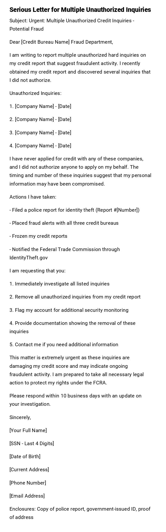 Serious Letter for Multiple Unauthorized Inquiries Serious Letter for Multiple Unauthorized Inquiries