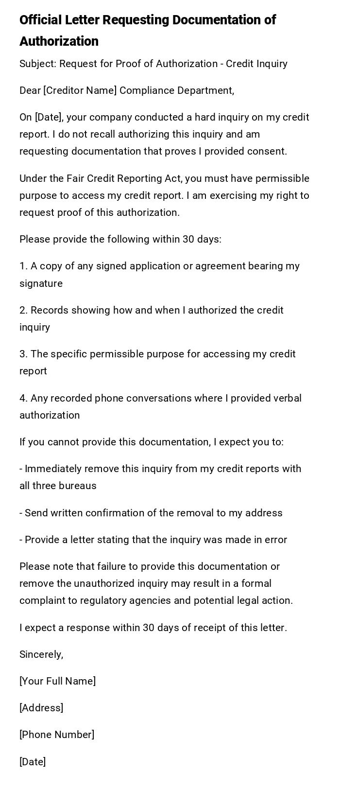 Official Letter Requesting Documentation of Authorization Official Letter Requesting Documentation of Authorization