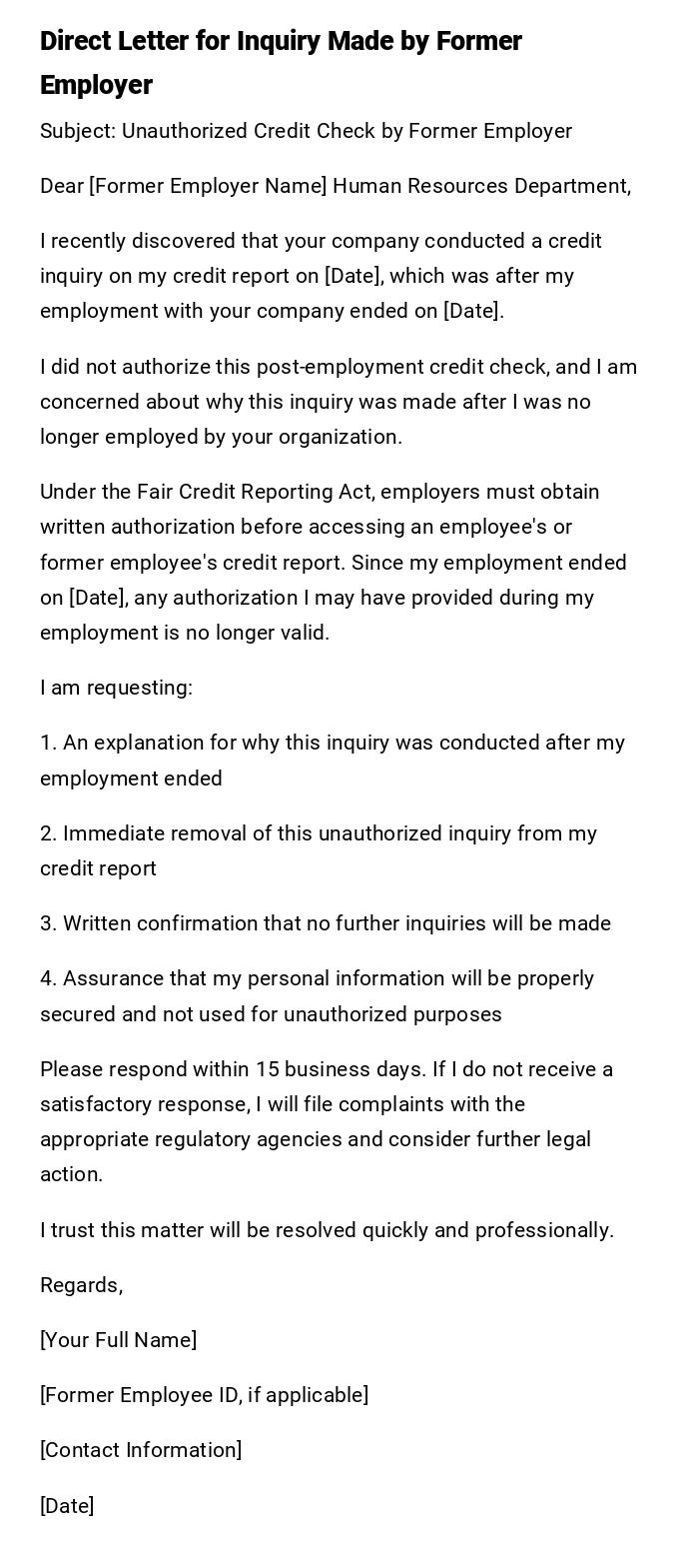 Direct Letter for Inquiry Made by Former Employer Direct Letter for Inquiry Made by Former Employer