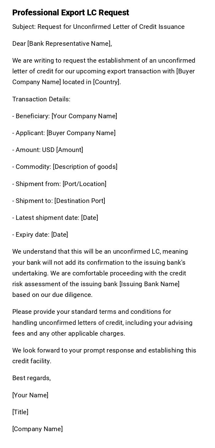 Professional Export LC Request Professional Export LC Request