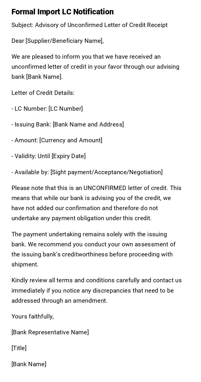 Formal Import LC Notification Formal Import LC Notification