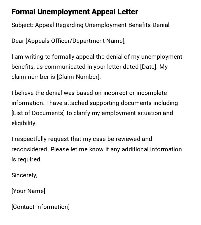 Formal Unemployment Appeal Letter Formal Unemployment Appeal Letter