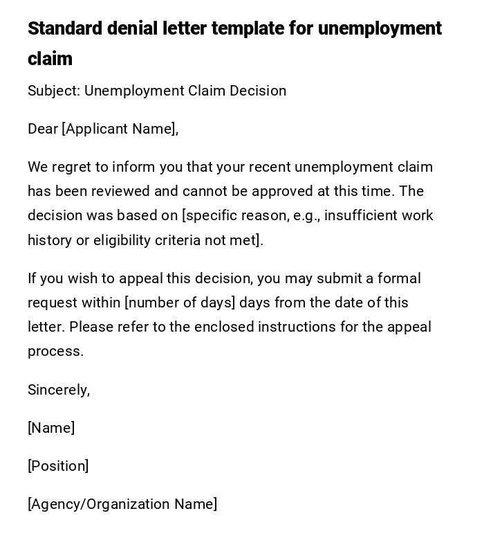 Standard denial letter template for unemployment claim Standard denial letter template for unemployment claim