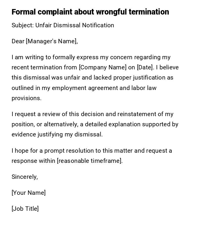 Formal complaint about wrongful termination Formal complaint about wrongful termination