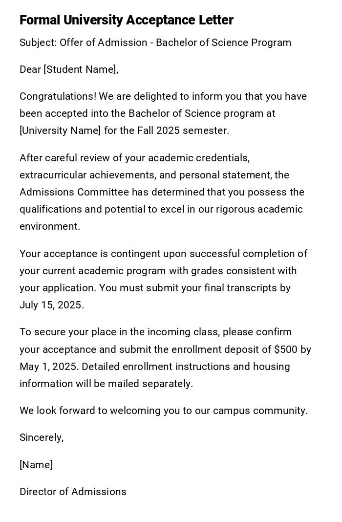 Formal University Acceptance Letter Formal University Acceptance Letter
