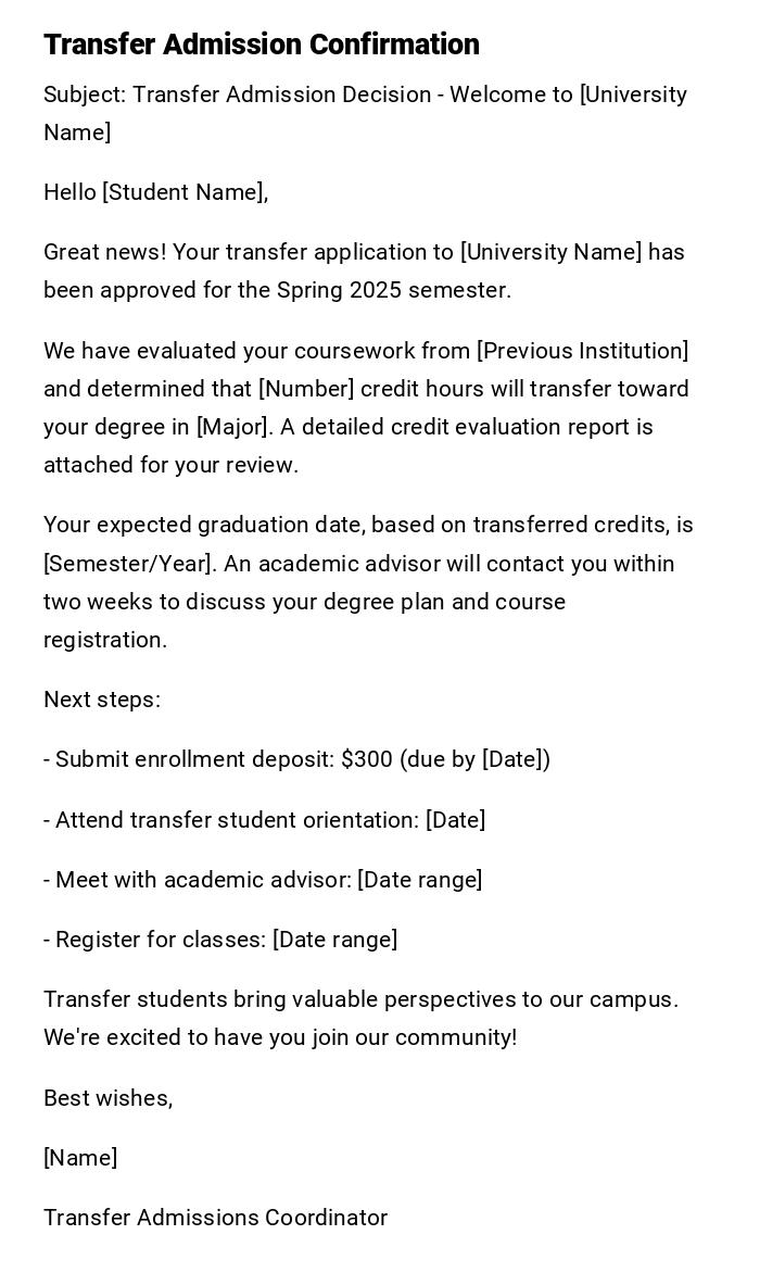 Transfer Admission Confirmation Transfer Admission Confirmation