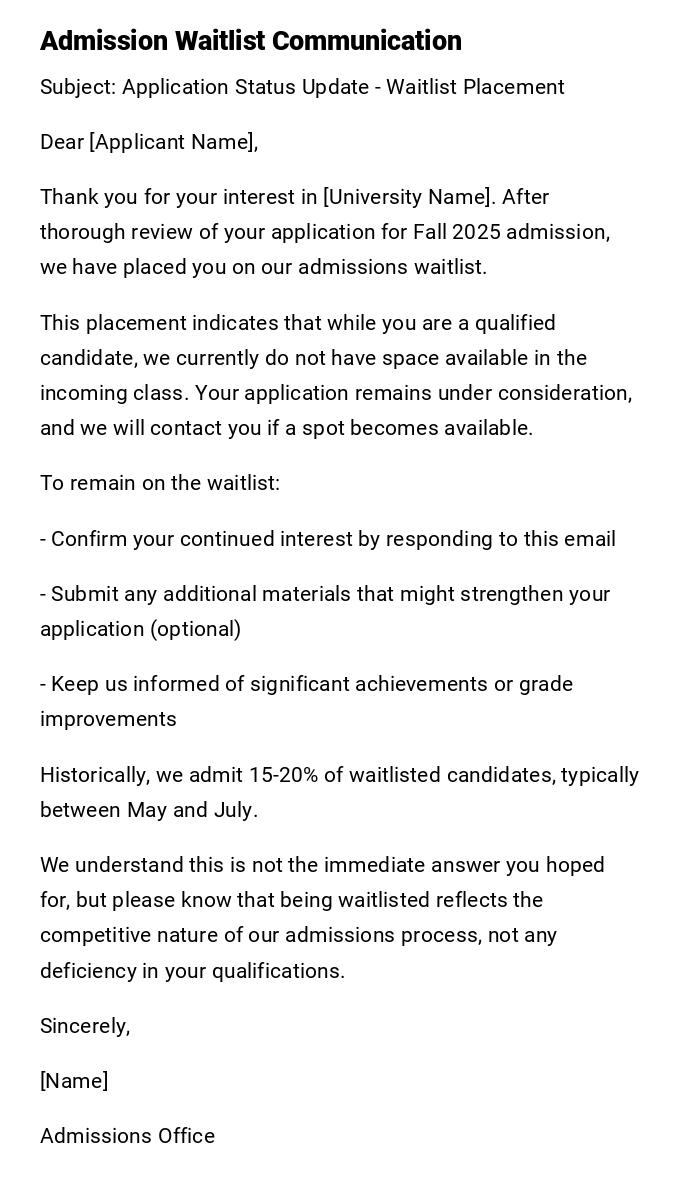 Admission Waitlist Communication Admission Waitlist Communication