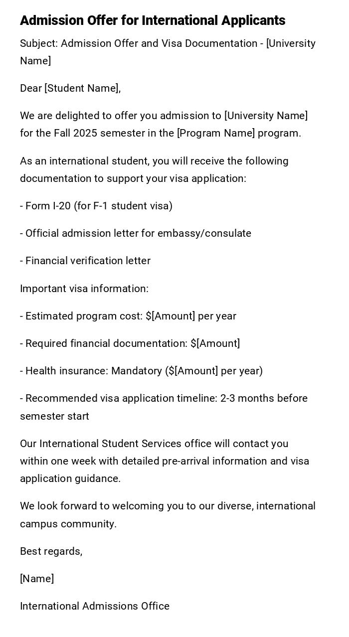 Admission Offer for International Applicants Admission Offer for International Applicants