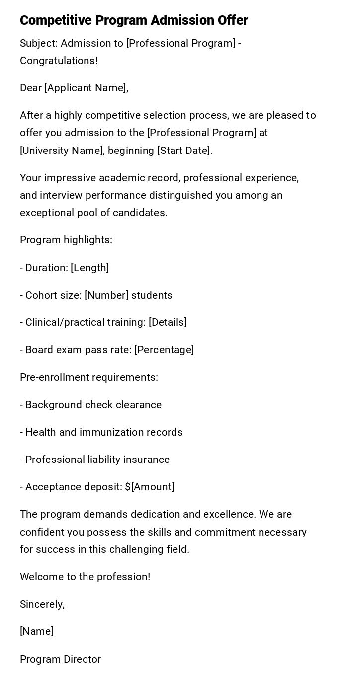 Competitive Program Admission Offer Competitive Program Admission Offer