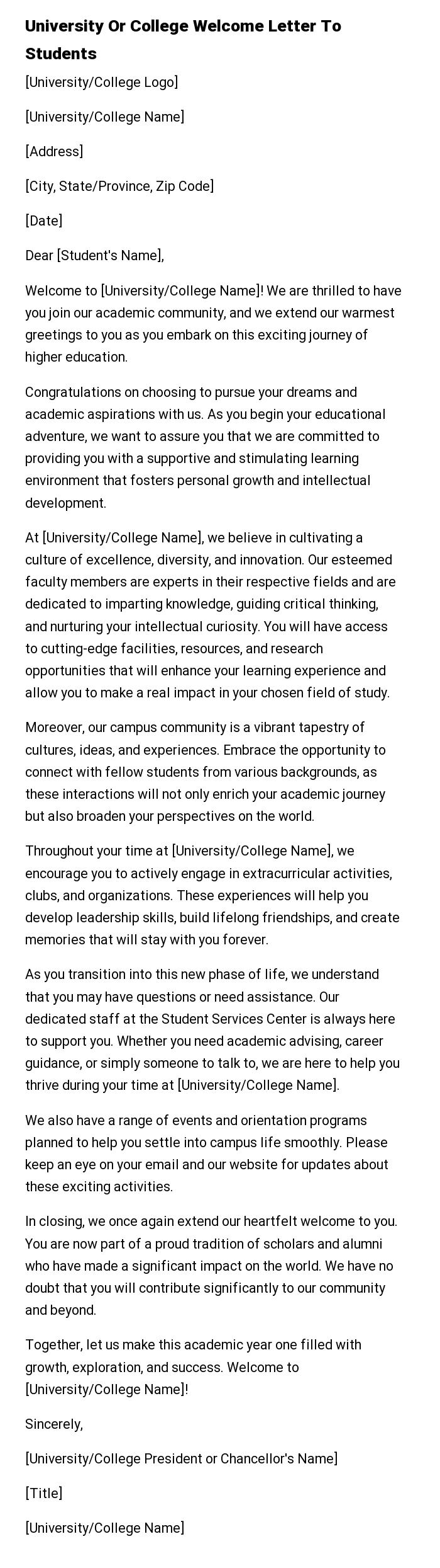 University Or College Welcome Letter To Students