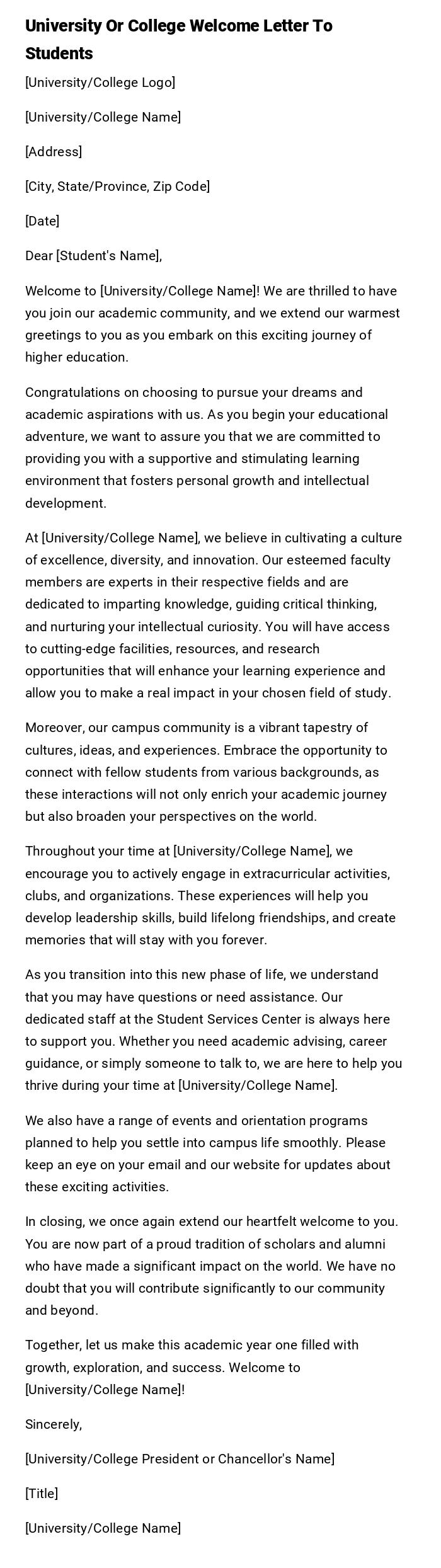 University Or College Welcome Letter To Students