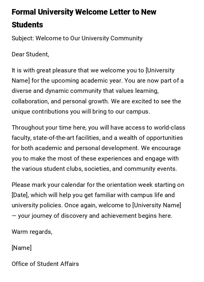 Formal University Welcome Letter to New Students