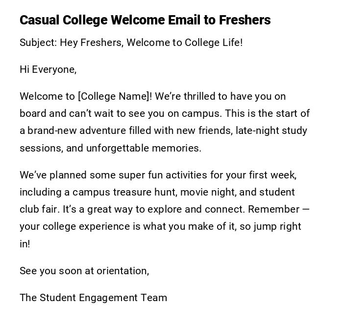 Casual College Welcome Email to Freshers