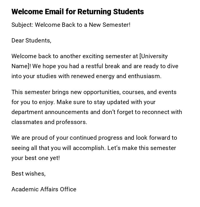 Welcome Email for Returning Students