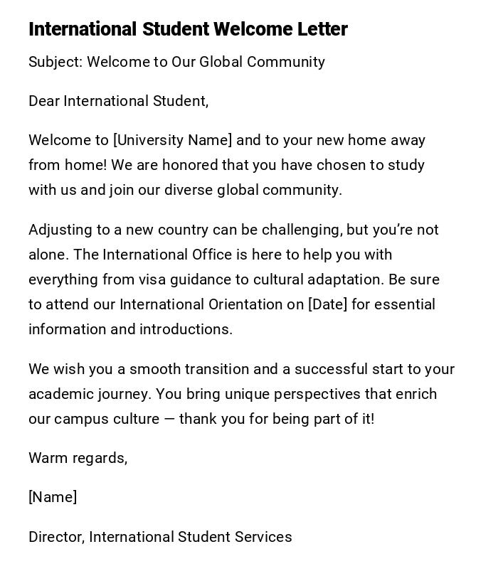 International Student Welcome Letter