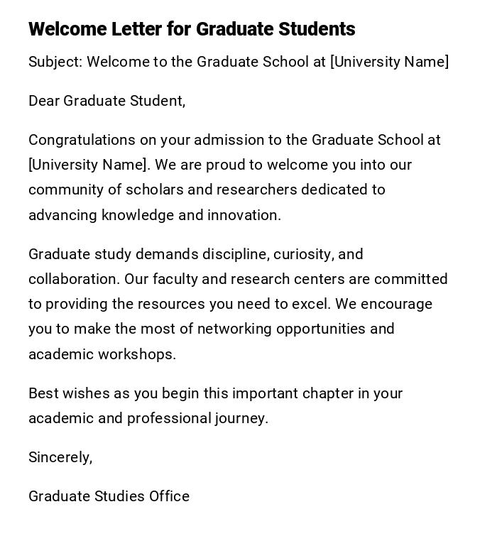 Welcome Letter for Graduate Students