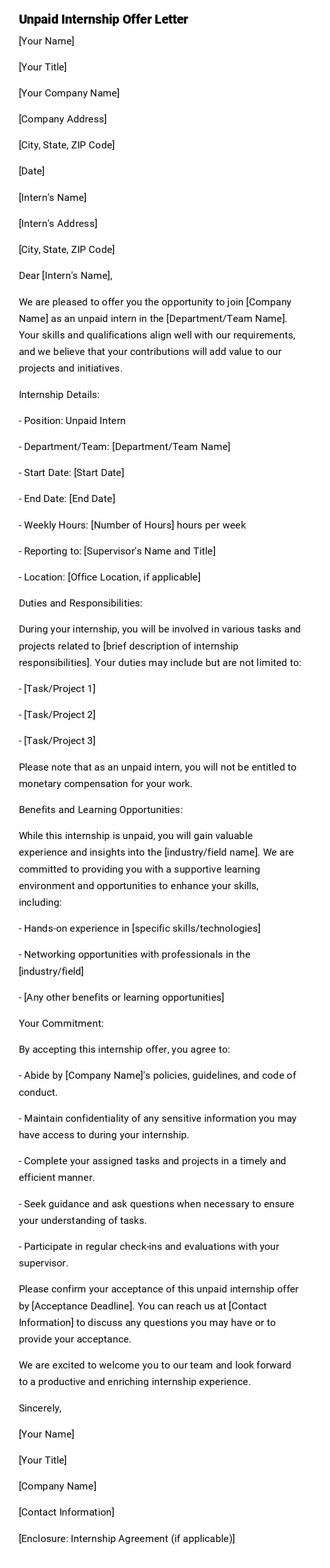 Unpaid Internship Offer Letter