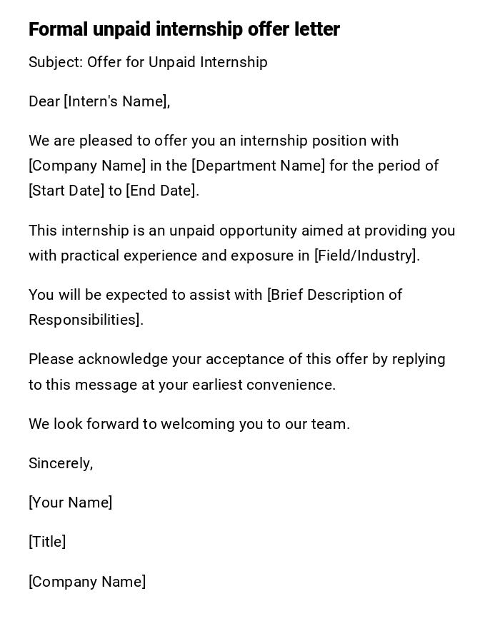 Formal unpaid internship offer letter Formal unpaid internship offer letter