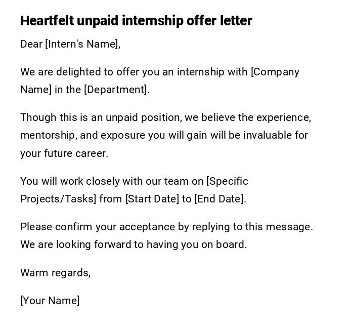 Heartfelt unpaid internship offer letter Heartfelt unpaid internship offer letter