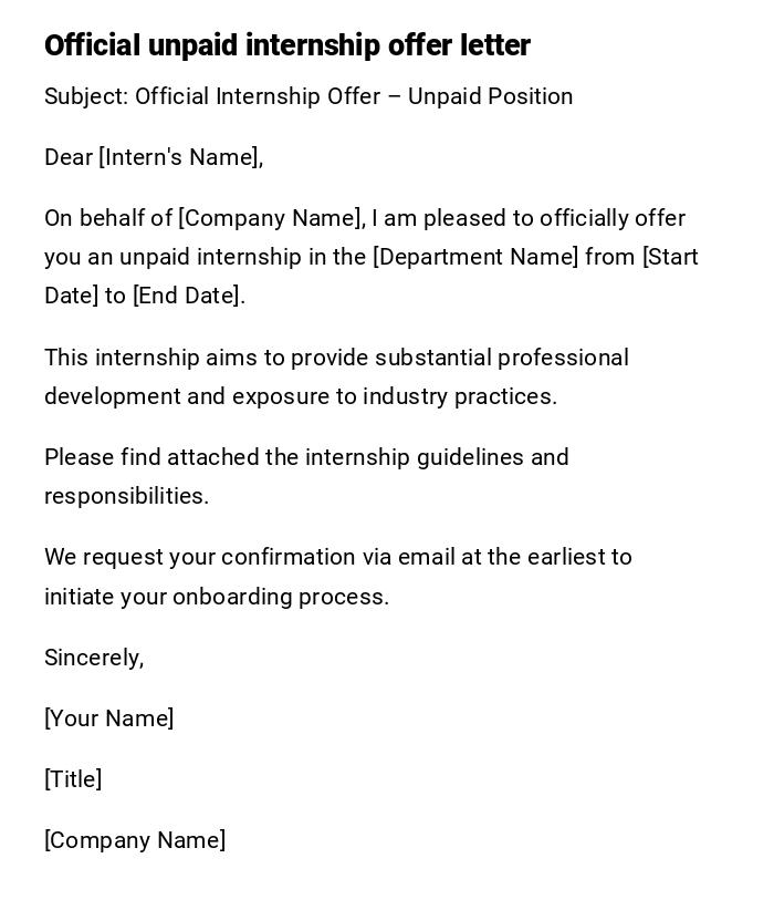 Official unpaid internship offer letter Official unpaid internship offer letter