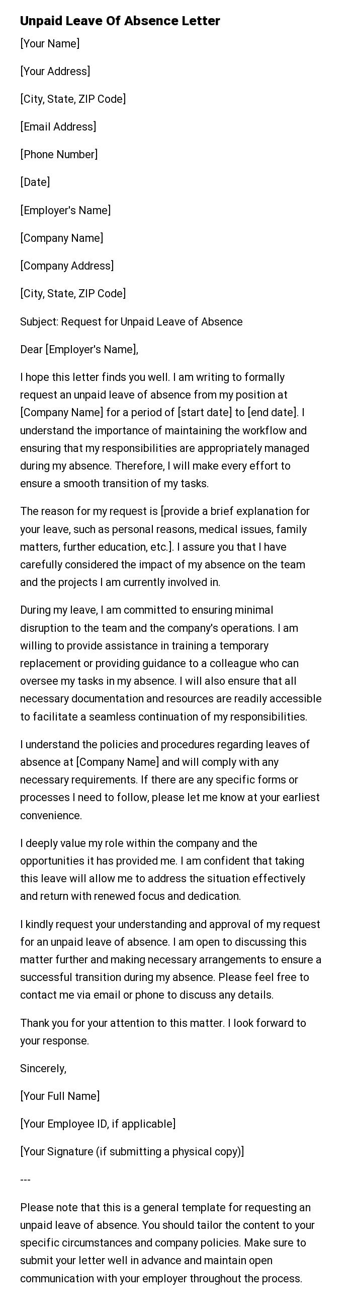 Unpaid Leave Of Absence Letter