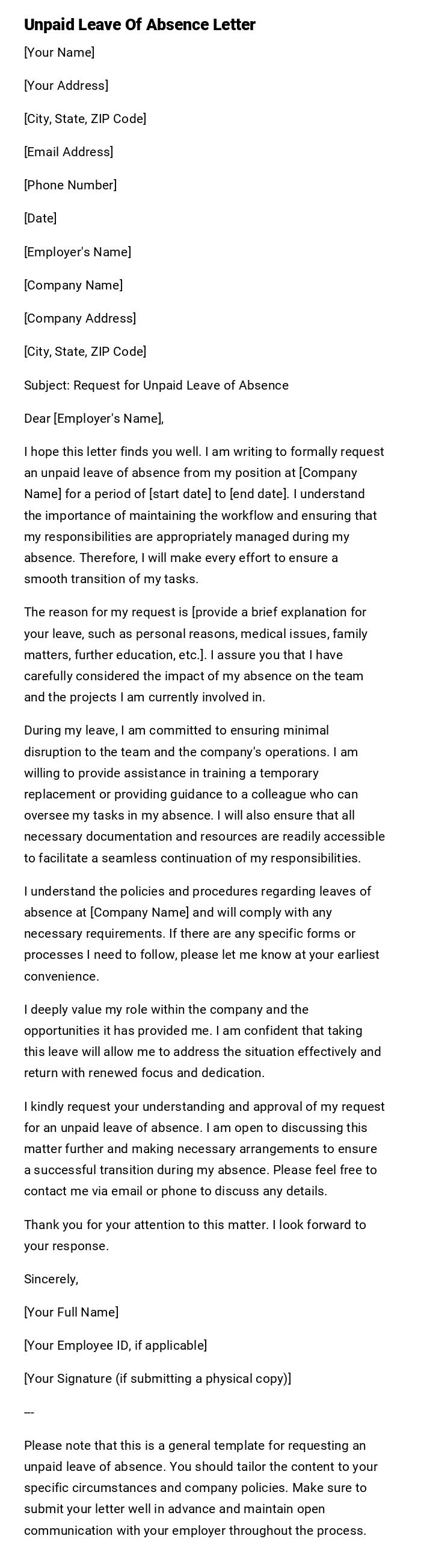 Unpaid Leave Of Absence Letter