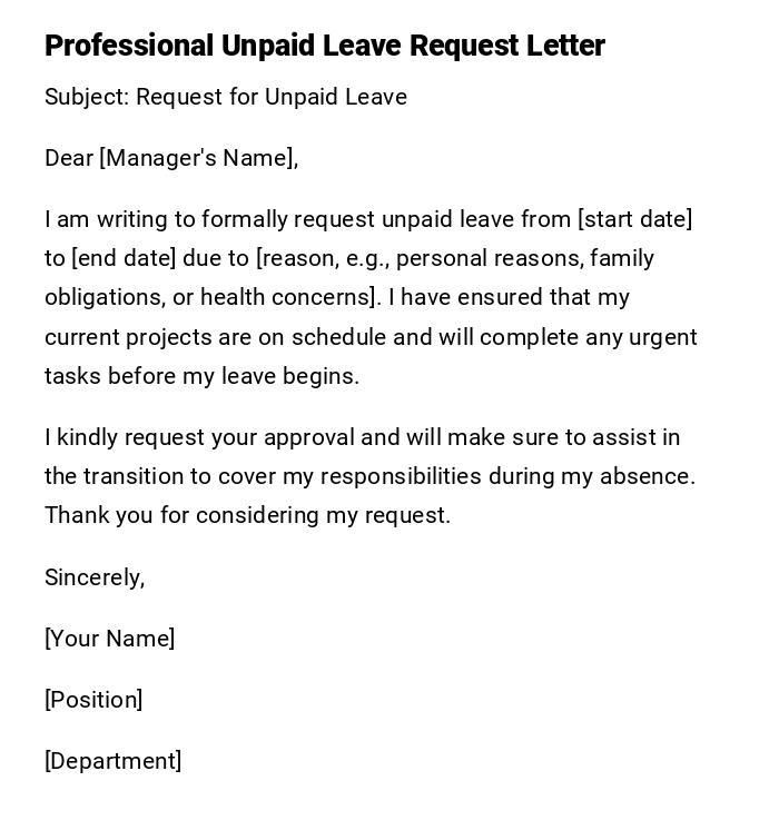Professional Unpaid Leave Request Letter Professional Unpaid Leave Request Letter