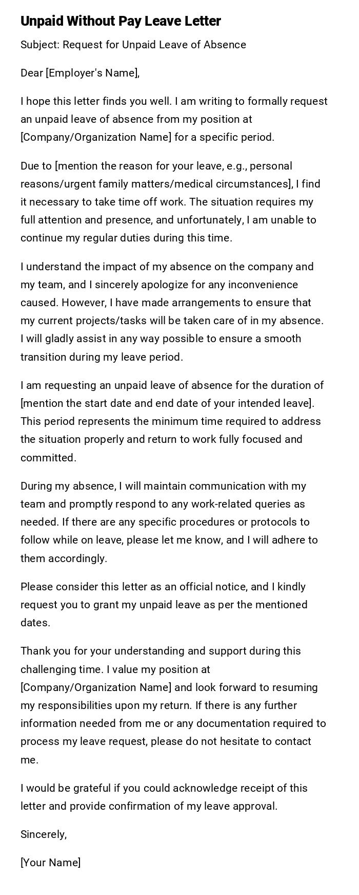 Unpaid Without Pay Leave Letter Unpaid Without Pay Leave Letter