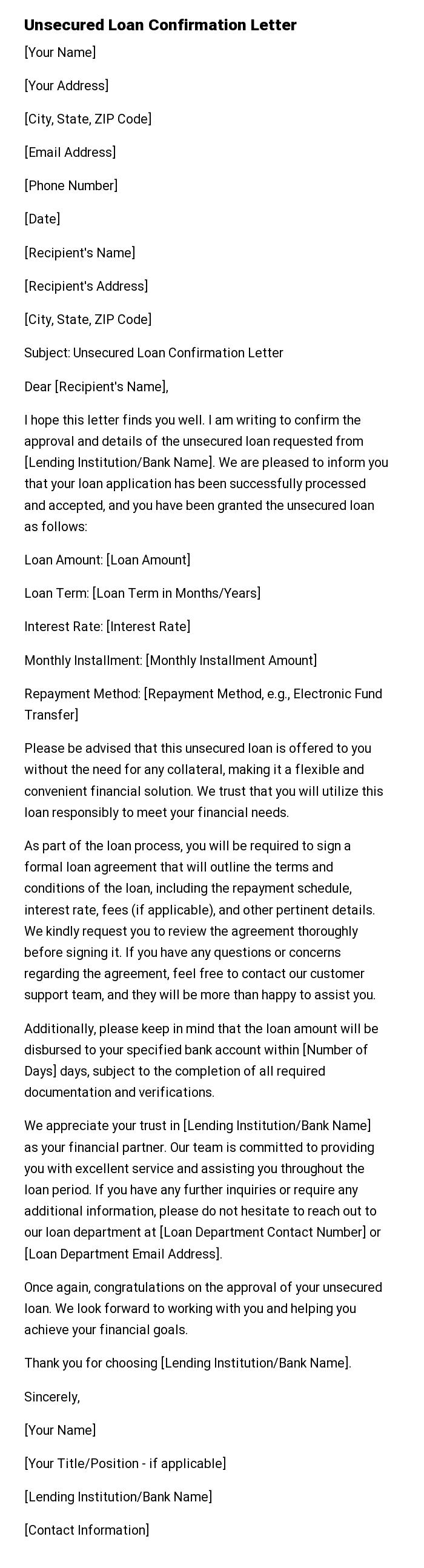 Unsecured Loan Confirmation Letter