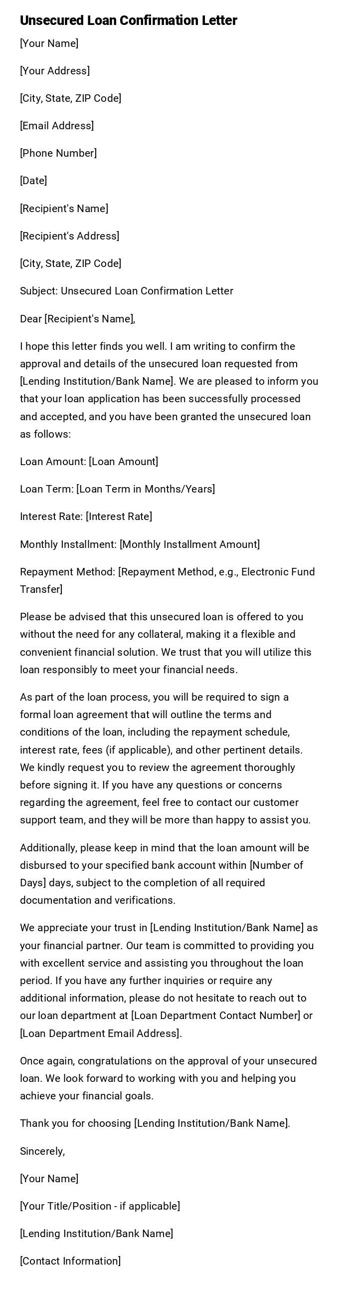 Unsecured Loan Confirmation Letter