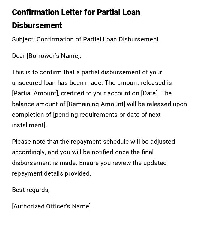 Confirmation Letter for Partial Loan Disbursement Confirmation Letter for Partial Loan Disbursement