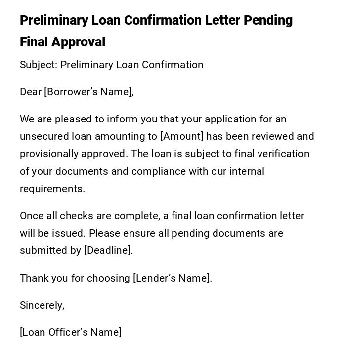 Preliminary Loan Confirmation Letter Pending Final Approval Preliminary Loan Confirmation Letter Pending Final Approval