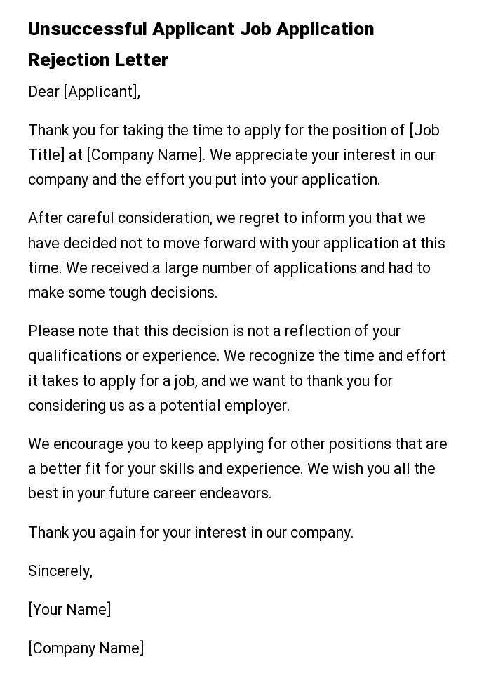Unsuccessful Applicant Job Application Rejection Letter