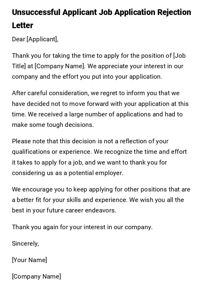 Unsuccessful Applicant Job Application Rejection Letter