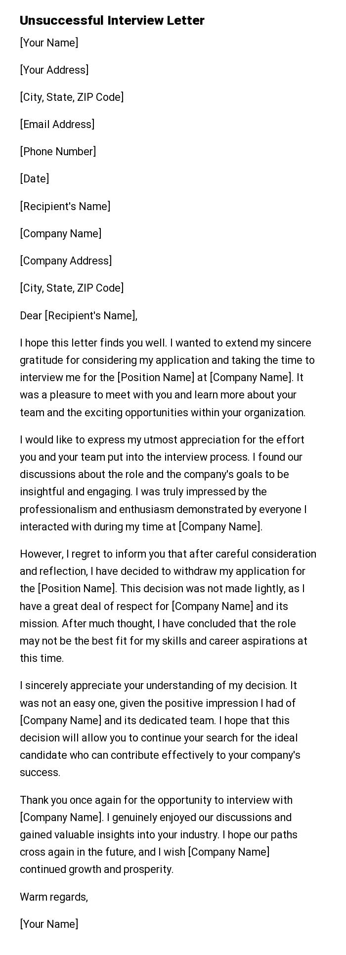 Unsuccessful Interview Letter