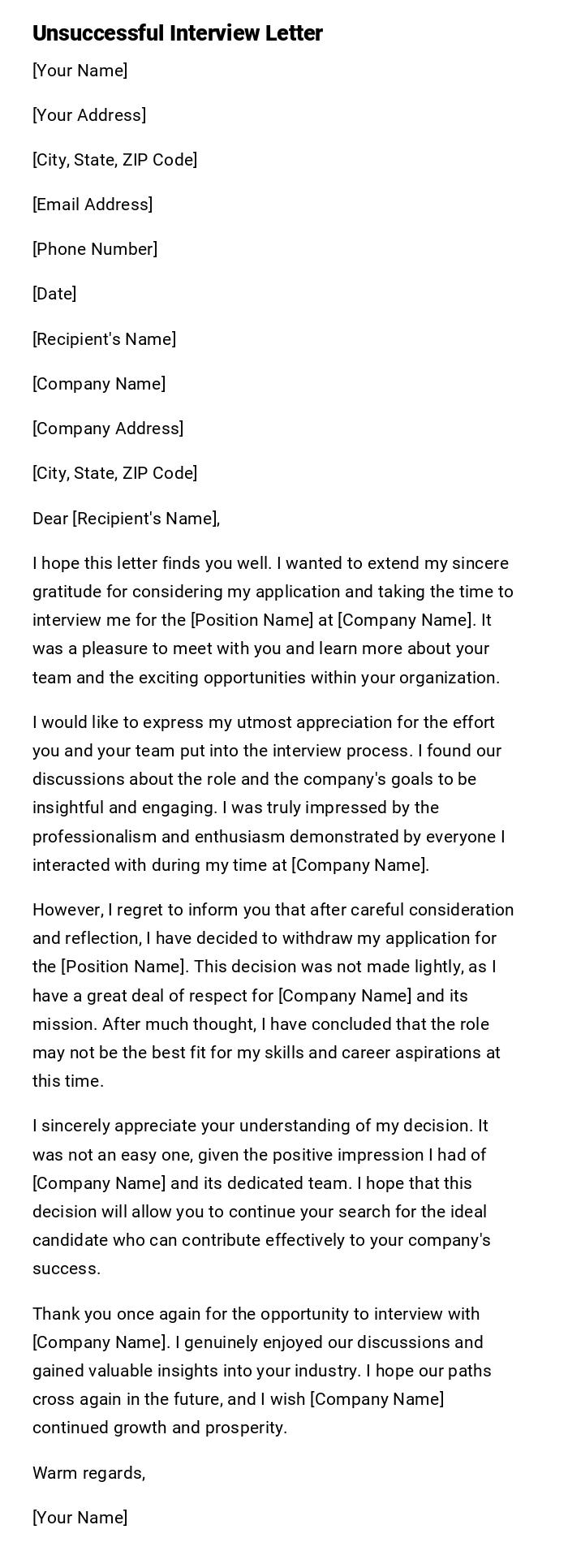 Unsuccessful Interview Letter